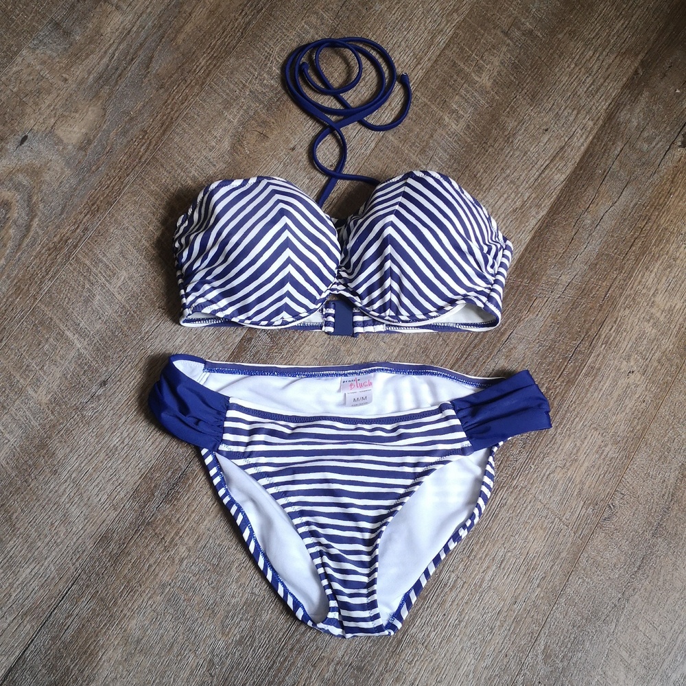 Profile Blush Bikini, striped, Navy Blue and white, size medium D cup